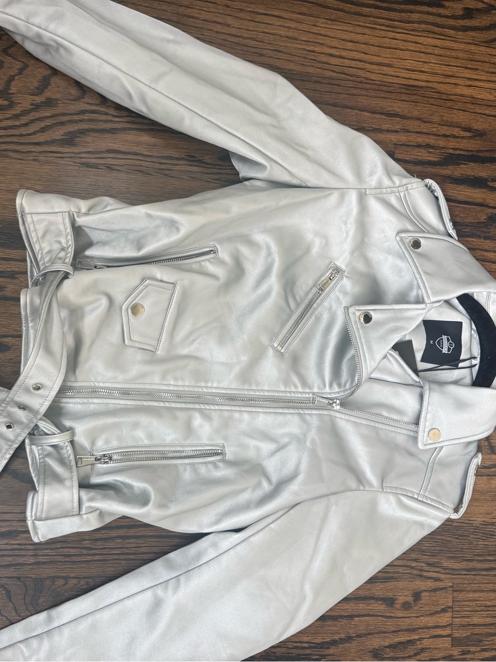 Metallic Silver Faux Leather Biker Jacket - Unbranded